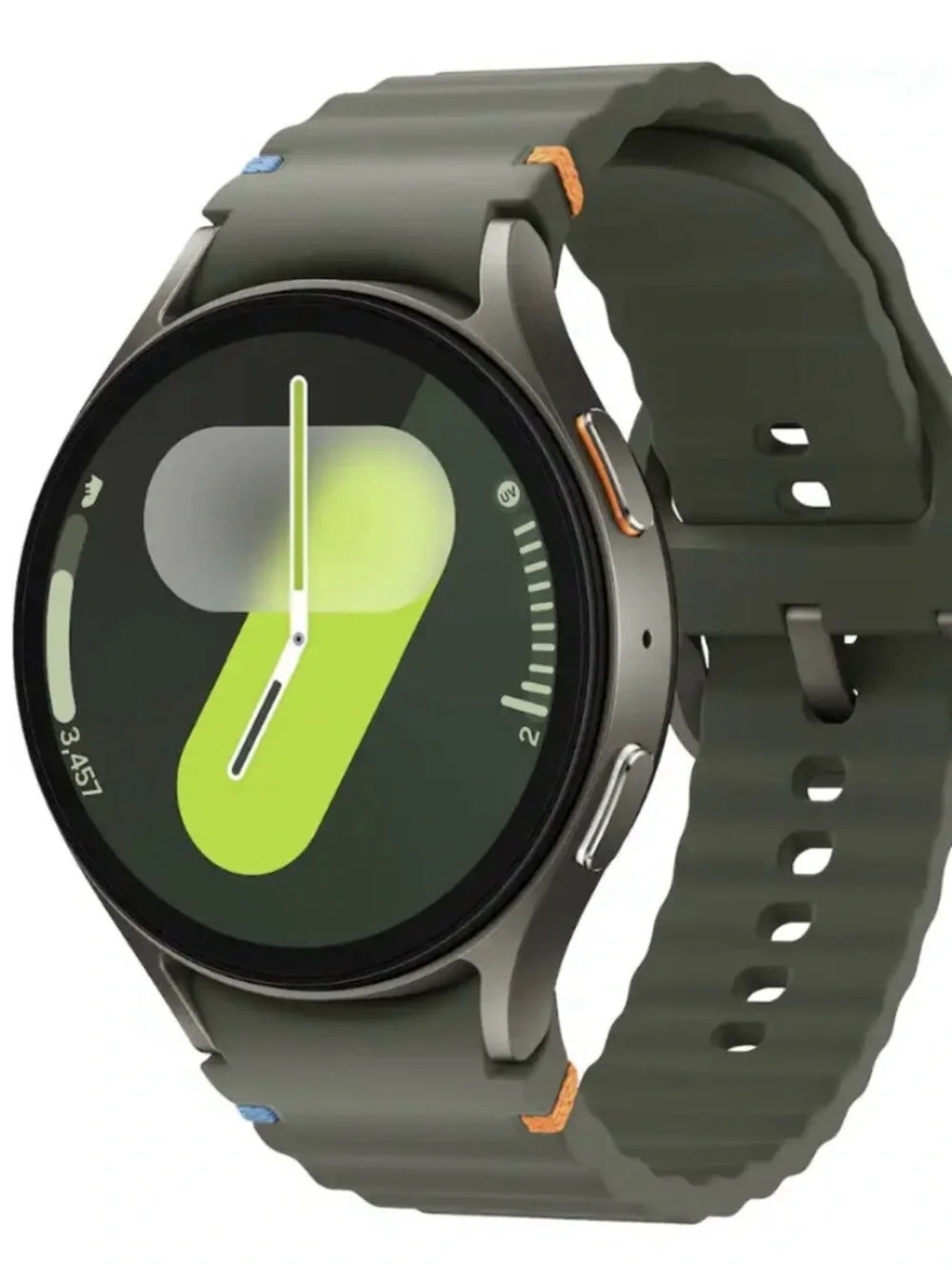 Samsung Galaxy Watch7 with Olive Green Band and Orange Accent